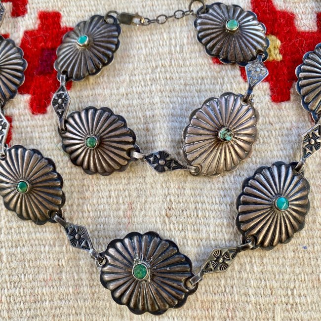 Navajo Concho Necklace Earrings and Bracelet Set with Turquoise