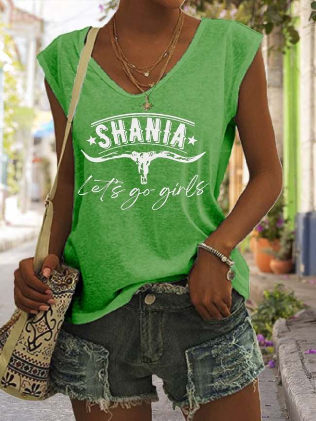 Women's Shania Bull Skull Western Print V-Neck Sleeveless T-Shirt