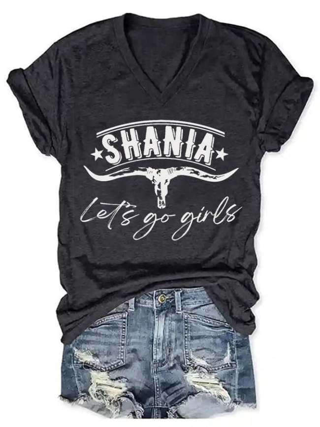 Women's Shania Bull Skull Western Print V Neck T-Shirt
