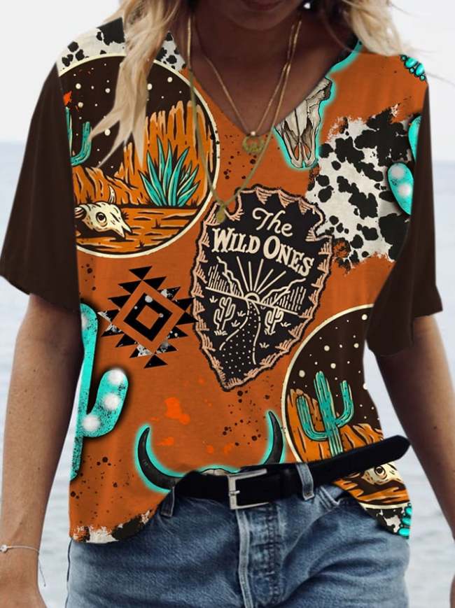 Women'S The Wild Ones Western Printed V-Neck Short Sleeve T-Shirt
