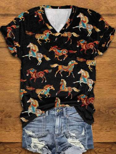 Women's Western Horse Print V-Neck Tee