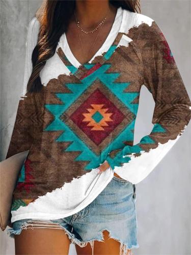 Women's Vintage Western Cowgirls Geometric Graphic Print V-Neck Top