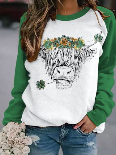 Women's St Patricks Day Shamrock Cow Round Neck Long Sleeve Sweatshirt