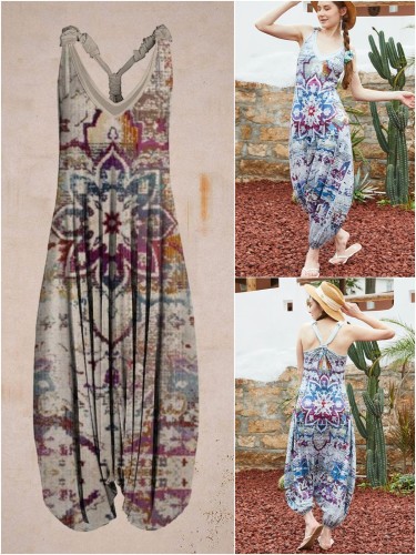 Women Summer Retro&Floral Print Sleeveless Harem Jumpsuit