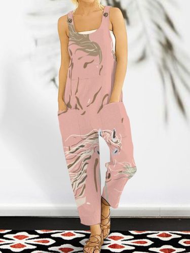 Artistic pink vintage printed shoulder straps with pockets jumpsuit