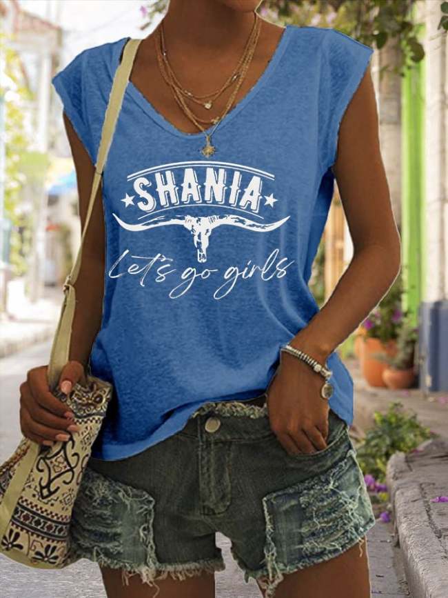 Women's Shania Bull Skull Western Print V-Neck Sleeveless T-Shirt