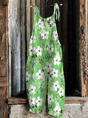 Green Flowers Sleeveless Casual Jumpsuit
