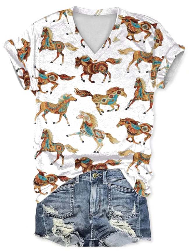 V-neck Retro Western Horse Print T-Shirt