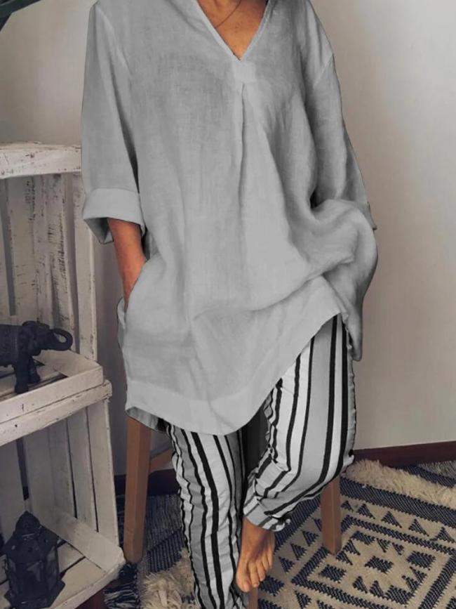 Women's Solid V Neck Long Sleeve Casual Top And Striped Pants
