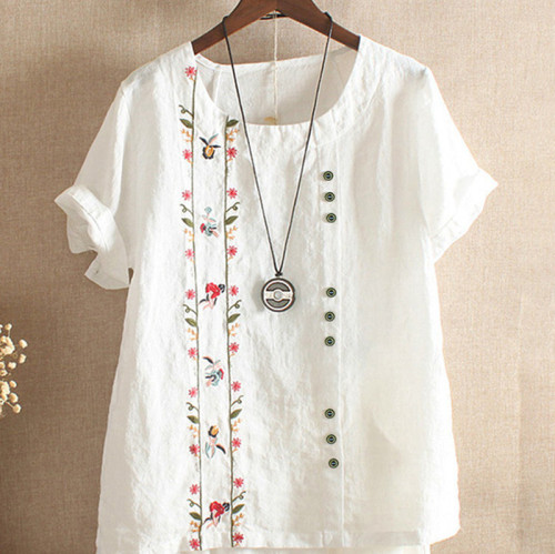 Embroidered Cotton and Linen Short-sleeved Short-sleeved T-shirt Women's Summer Top