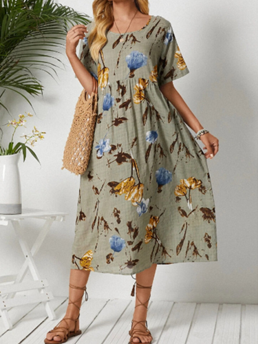 Summer new national style printed loose round neck short sleeve cotton linen dress