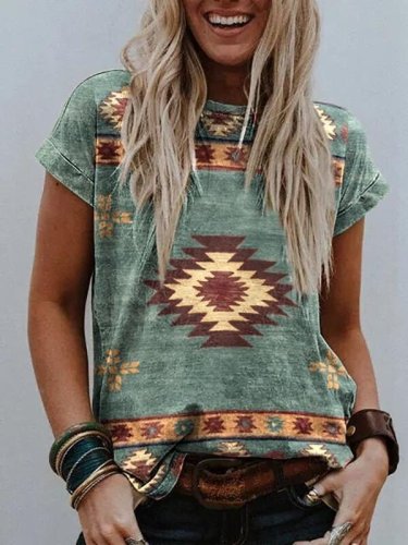 Women's Aztec Western Style Round Neck Short-sleeved T-shirt