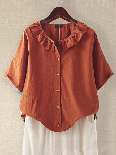 Women's Summer Simple Solid Color Ruffled Cotton Linen Short Sleeve Shirt