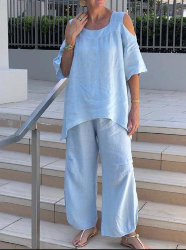 Summer Solid Color Fashion Crewneck Pullover Short Sleeve Pants Set