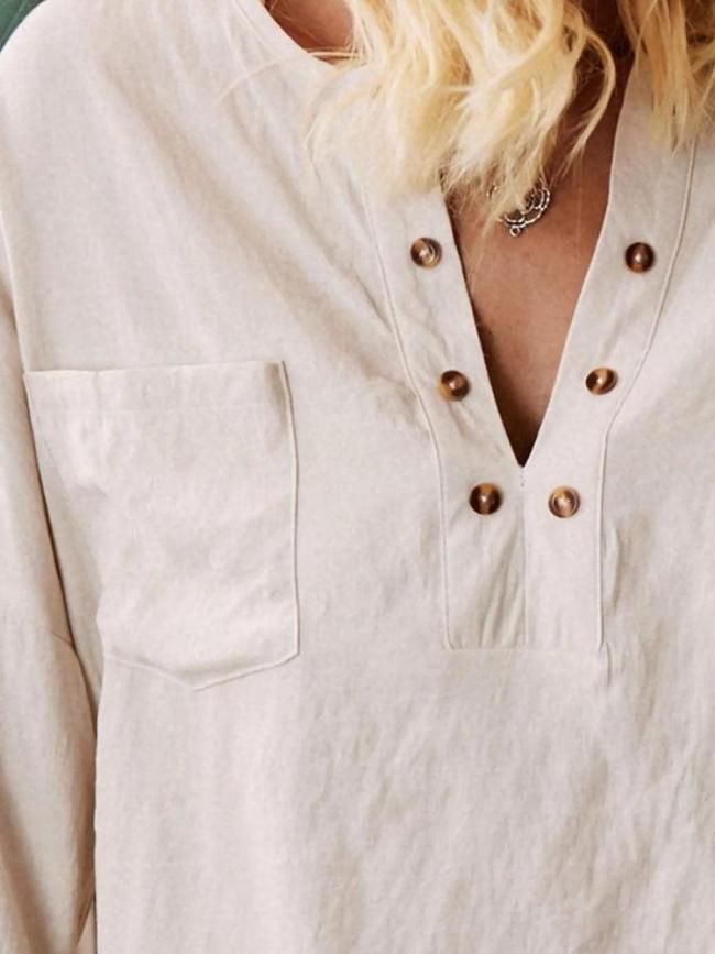Round Neck Cotton&Linen Casual Loose Solid Color Long Sleeve Blouse