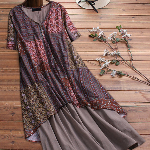 Summer Loose Fashion Short-sleeved Cotton And Linen Print Plus Size Fake Two-piece Maxi Dress