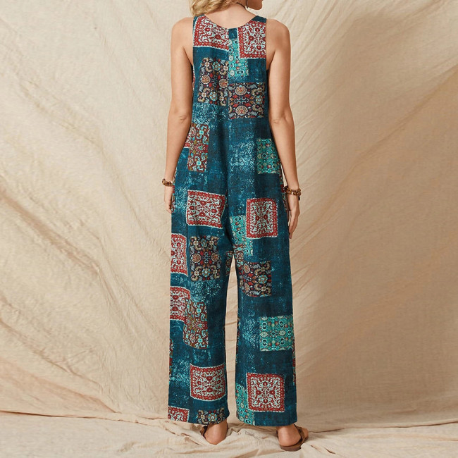 Women's Loose Print Suspenders Retro Casual Cotton Linen Jumpsuit