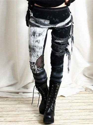Gothic Patchwork Frayed Laced Leggings