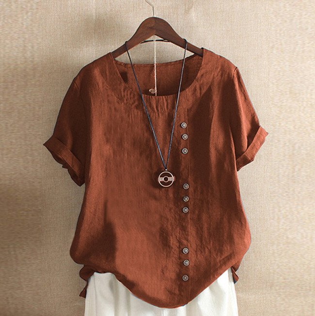 Women's Summer Retro Solid Color Casual Loose Cotton Linen Short Sleeve T-Shirt