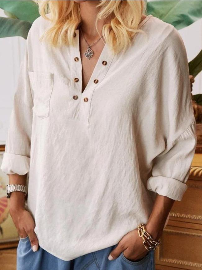 Round Neck Cotton&Linen Casual Loose Solid Color Long Sleeve Blouse