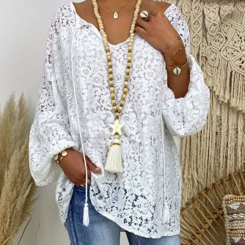 White Top Hollow-out Lace V-neck Loose Pullover Long-Sleeved Shirt