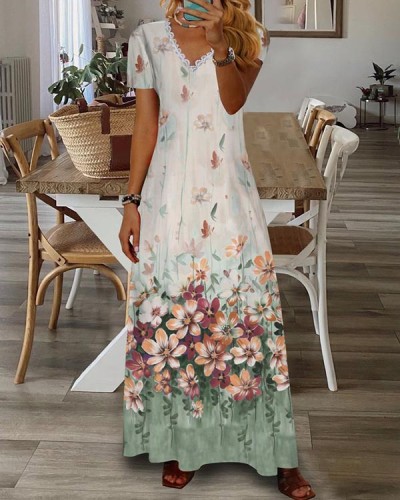 Holiday Loose V-Neck Floral Dress