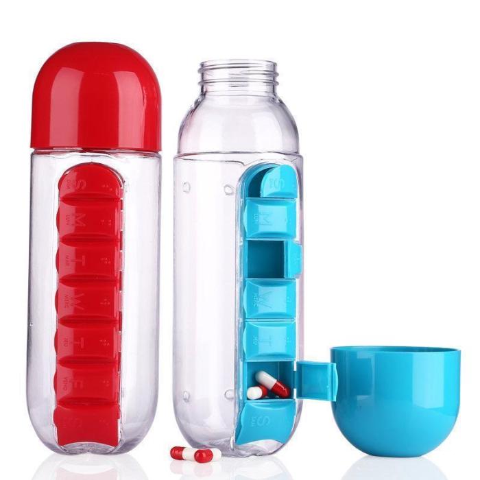 600ml Water Bottle Daily Pill Storage Organizer Box Outdoor Drinking Bottles Anti-leak Drinkware