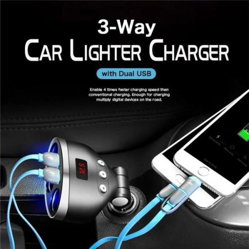 3-Way Car Lighter Charger with Dual USB