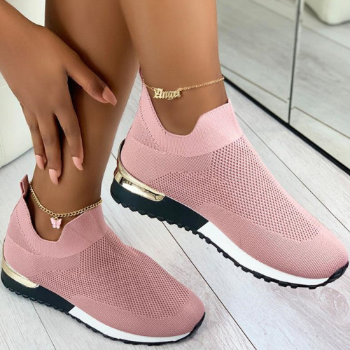 Women Casual Athletic Flyknit Fabric Slip On Sneakers