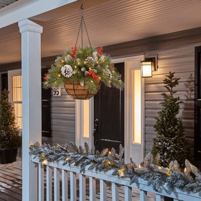 🎄🎄Pre-lit Artificial Christmas Hanging Basket - Flocked with Mixed Decorations and White LED Lights
