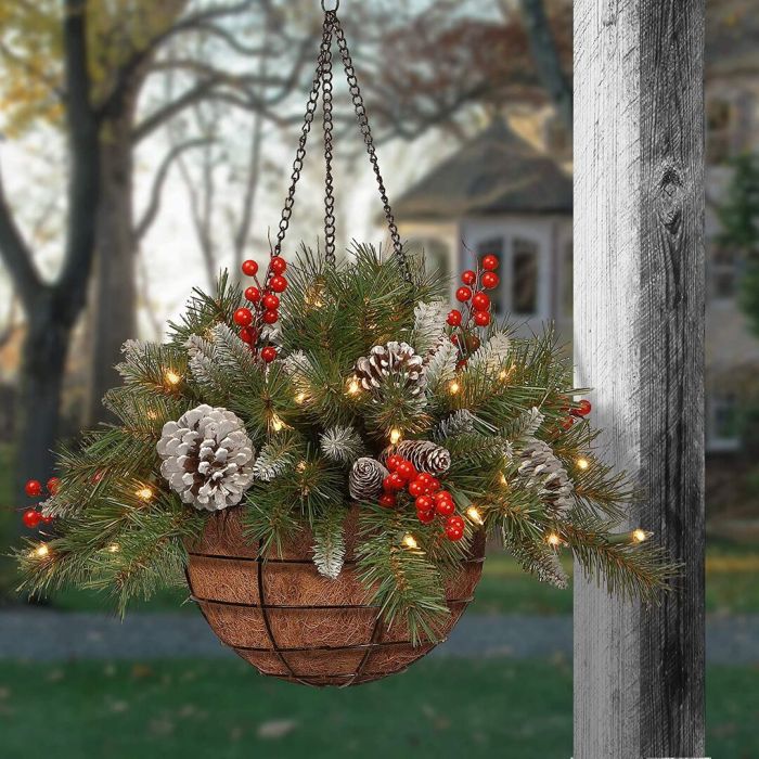 🎄🎄Pre-lit Artificial Christmas Hanging Basket - Flocked with Mixed Decorations and White LED Lights