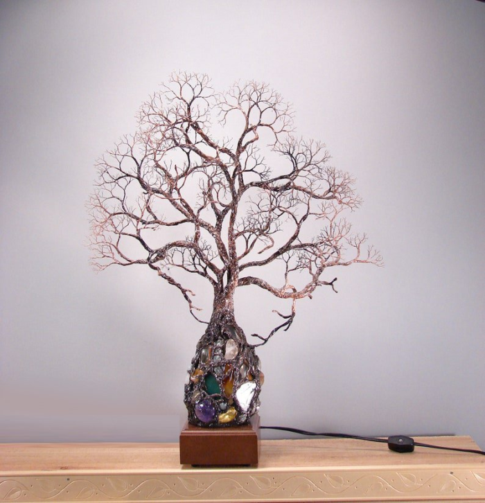 Ancient Tree Metal Sculpture Gemstone Accent Lamp