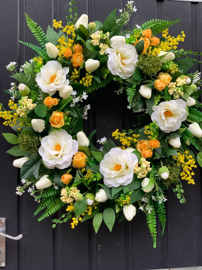 Fabulous luxury handmade spring faux flower door wreath in yellow and white.