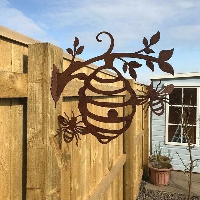 Rusty Metal Bee Hive Garden Decor Hanging Art