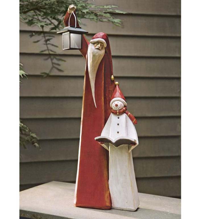 Santa And Snowman Sculpture With Solar LanternTM