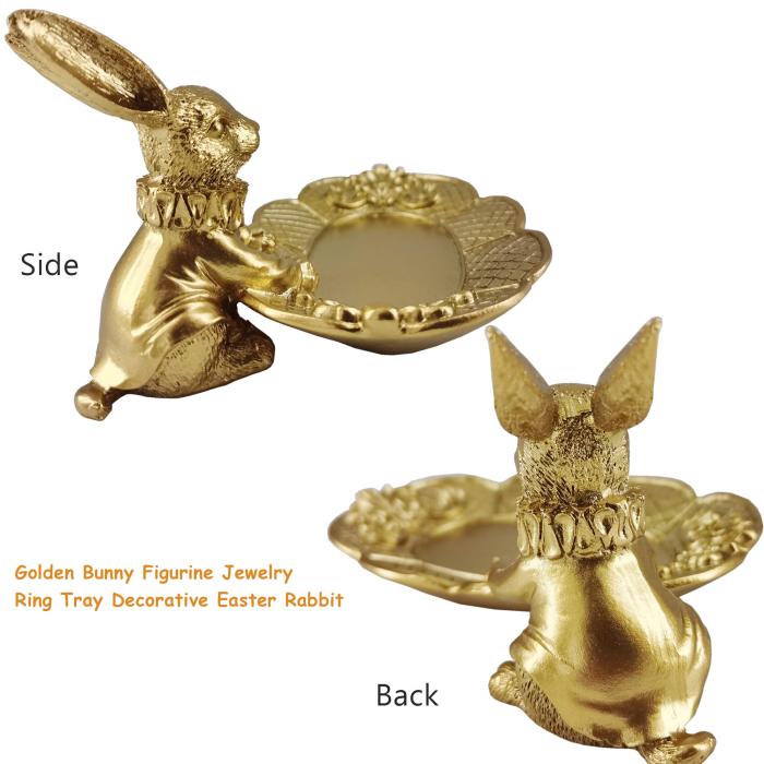 Golden Bunny Figurine Jewelry Ring Tray Decorative