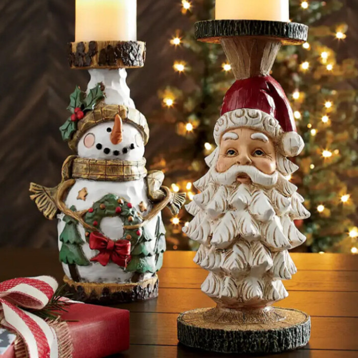 Santa or Snowman Carved Candleholder