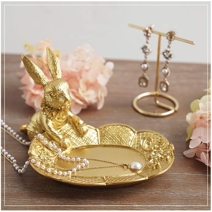 Golden Bunny Figurine Jewelry Ring Tray Decorative