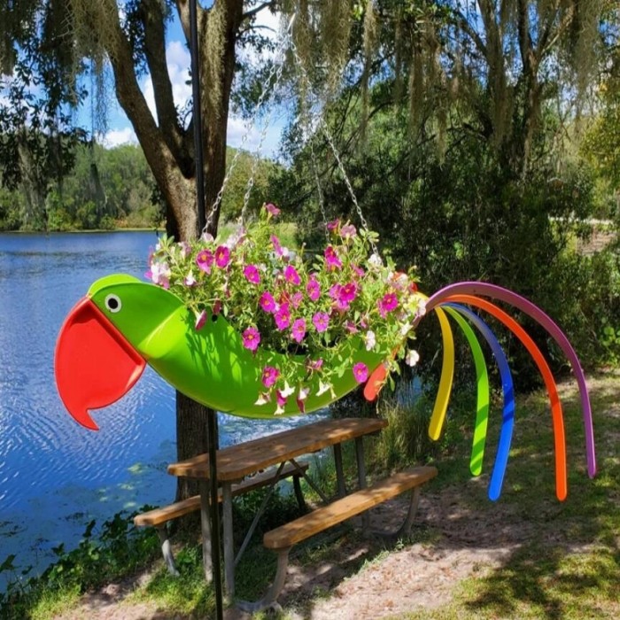 Bright Colorful Bird Hanging Planter Yard Decor