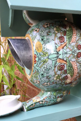 William Morris Teal Teapot Bird House and Feeder