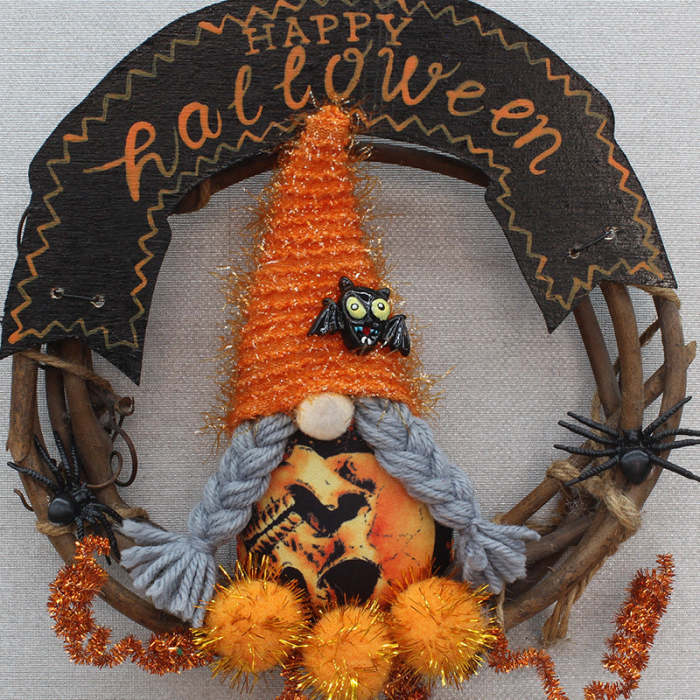 Halloween Gnome Wreath with Black Spider