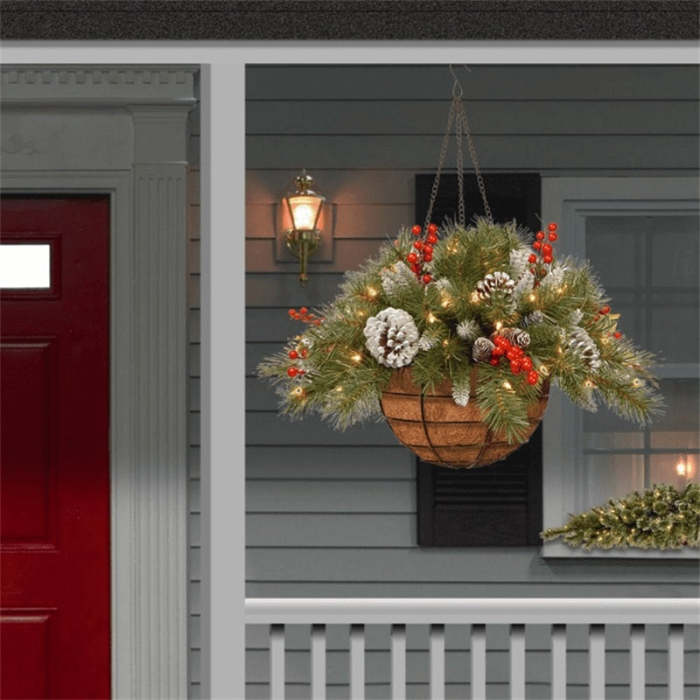 🎄 Pre-lit Artificial Christmas Hanging Basket - Flocked with Mixed Decorations and White LED Lights - Frosted Berry