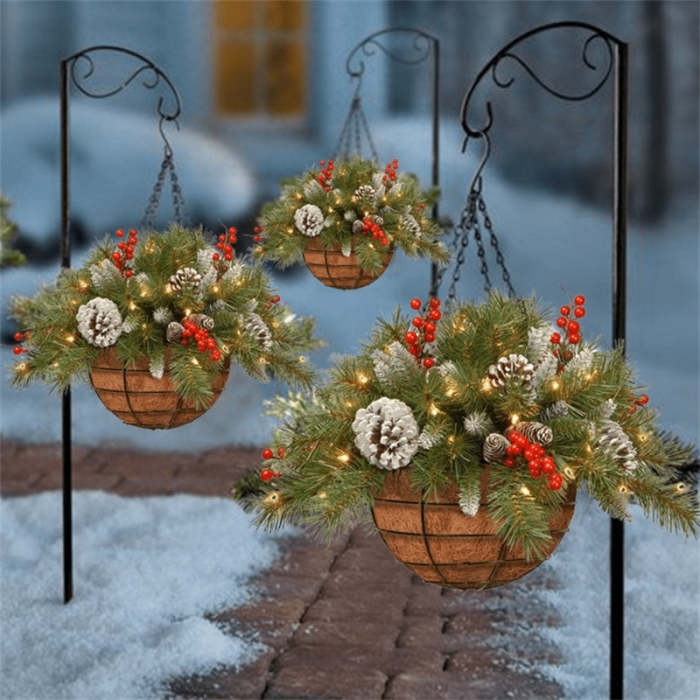 🎄 Pre-lit Artificial Christmas Hanging Basket - Flocked with Mixed Decorations and White LED Lights - Frosted Berry