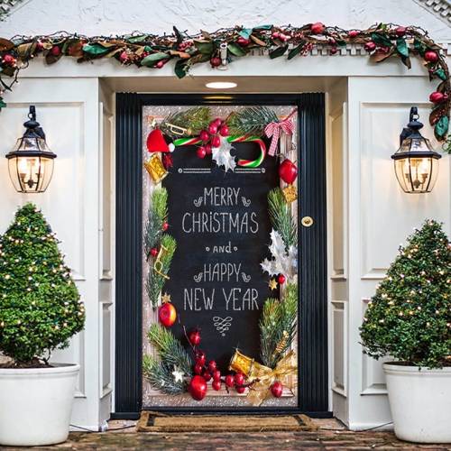 Merry Christmas and Happy New Year Door Decoration - Christmas Door Cover - Outdoor Christmas Decoration - Simple Christmas Front Door Decor