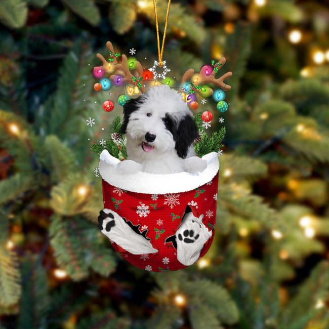 Sheepadoodle In Snow Pocket Christmas Ornament