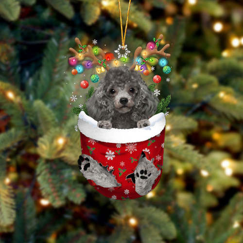SILVER Miniature Poodle In Snow Pocket Christmas Ornament