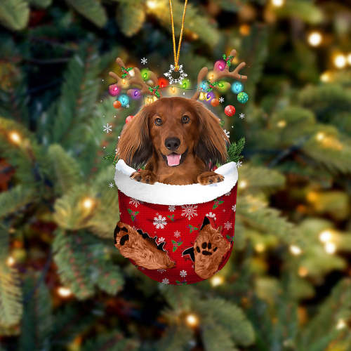 RED LONG HAIRED Dachshund In Snow Pocket Christmas Ornament