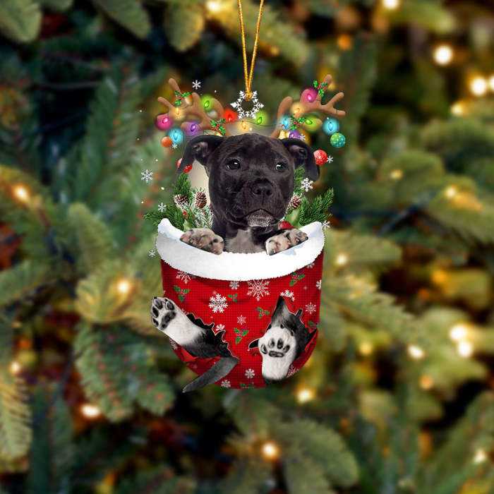 BLACK American Staffordshire Terrier In Snow Pocket Christmas Ornament
