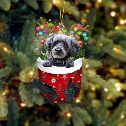 GREY Schnoodle In Snow Pocket Christmas Ornament