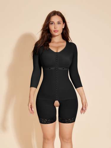 Long Sleeve Full Covered Women Shapewear Breastfeeding Bodysuit - Black